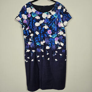 Talbots Womens Dark Floral Sheath Dress Size 18 Blue Stretch Church Work Modest